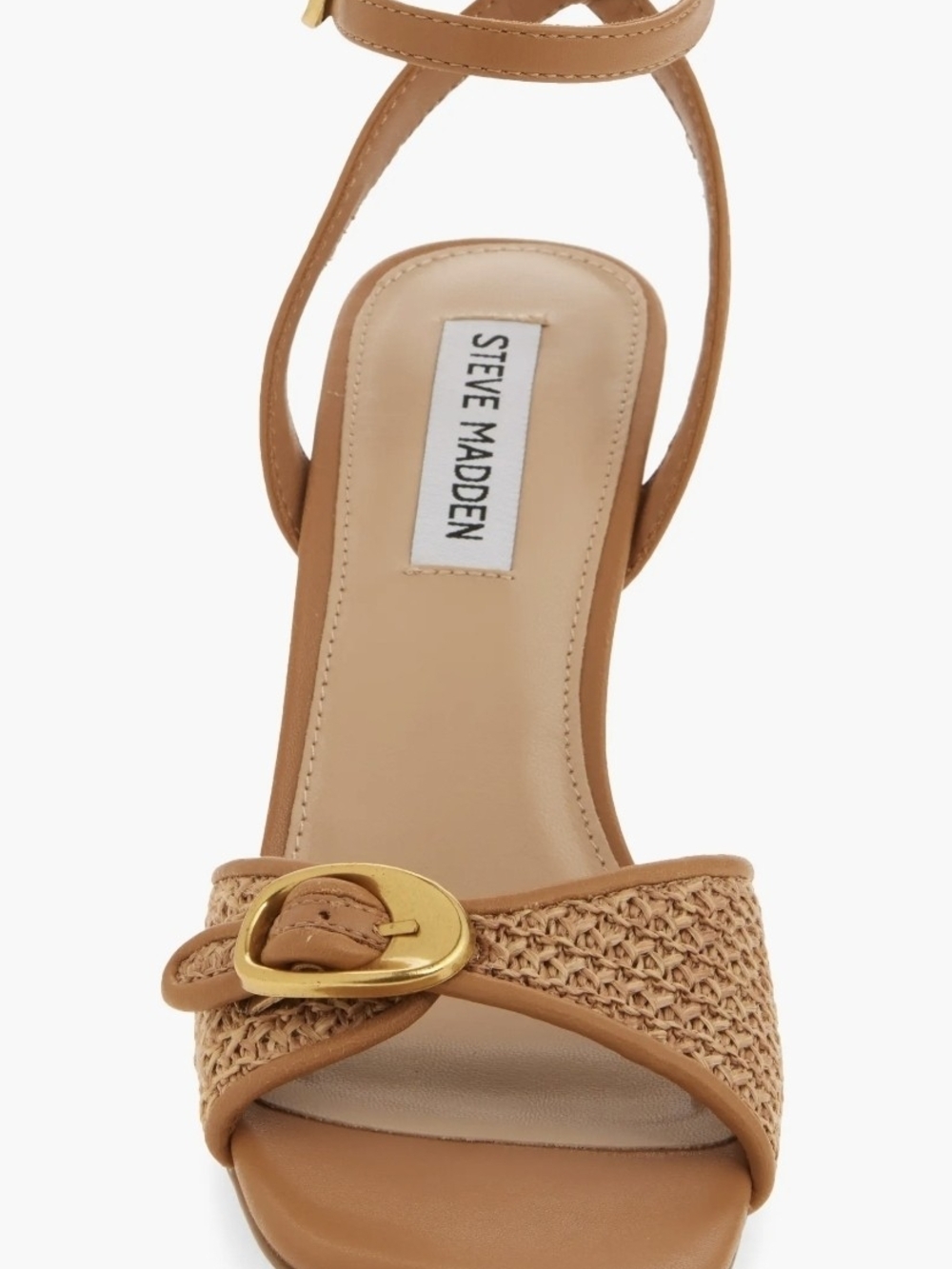 Steve Madden Tan Woven Ankle-Strap Sandal with Gold Buckle